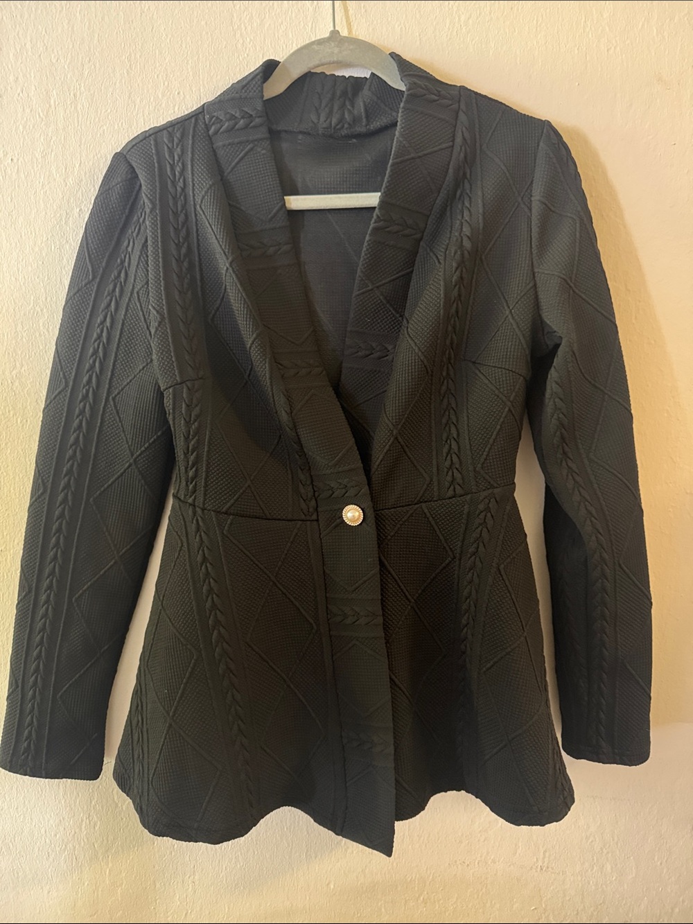 Black Textured Knit Single-Button Blazer Jacket
